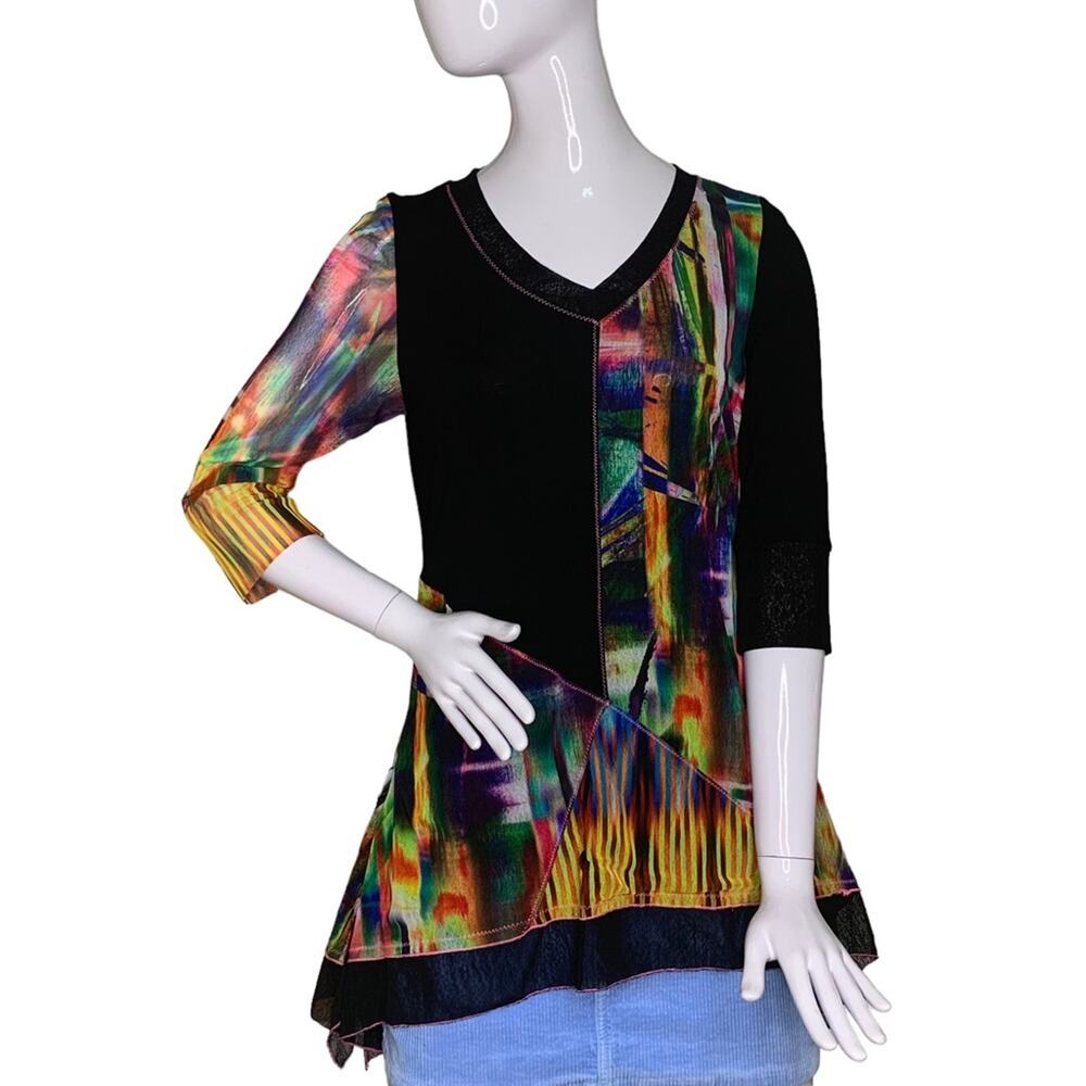 Lior Paris Mesh patchwork Tunic Top A Line 3/4 Sleeve Size S